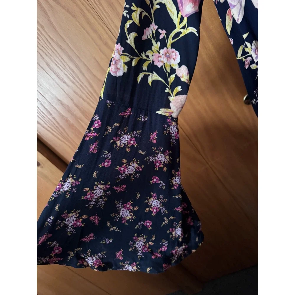 Free People Floral Open Back Mini Dress Navy Blue Bell Sleeve Mock Neck Small